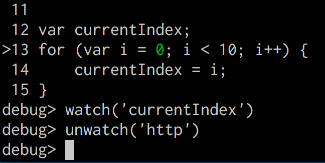 Terminal displaying the command to add a watcher on the current index variable