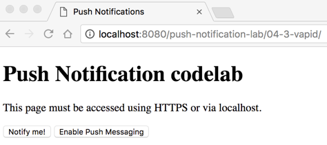 The web page of the push notification lab from the Google PWA labs