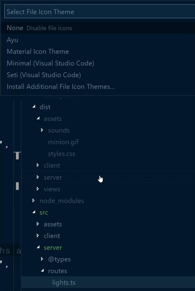 The result when cycling through VS Code icon theme options
