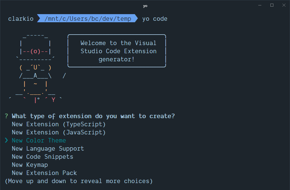 VS Code Yeoman Generator - results from running yo code in the terminal/command prompt