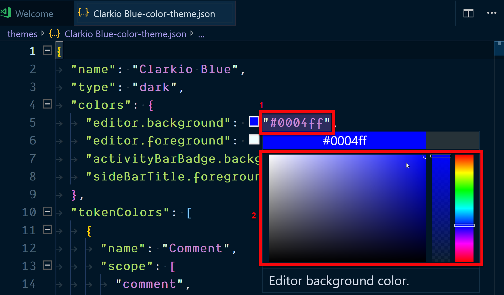 Editing the background color for the color theme in VS