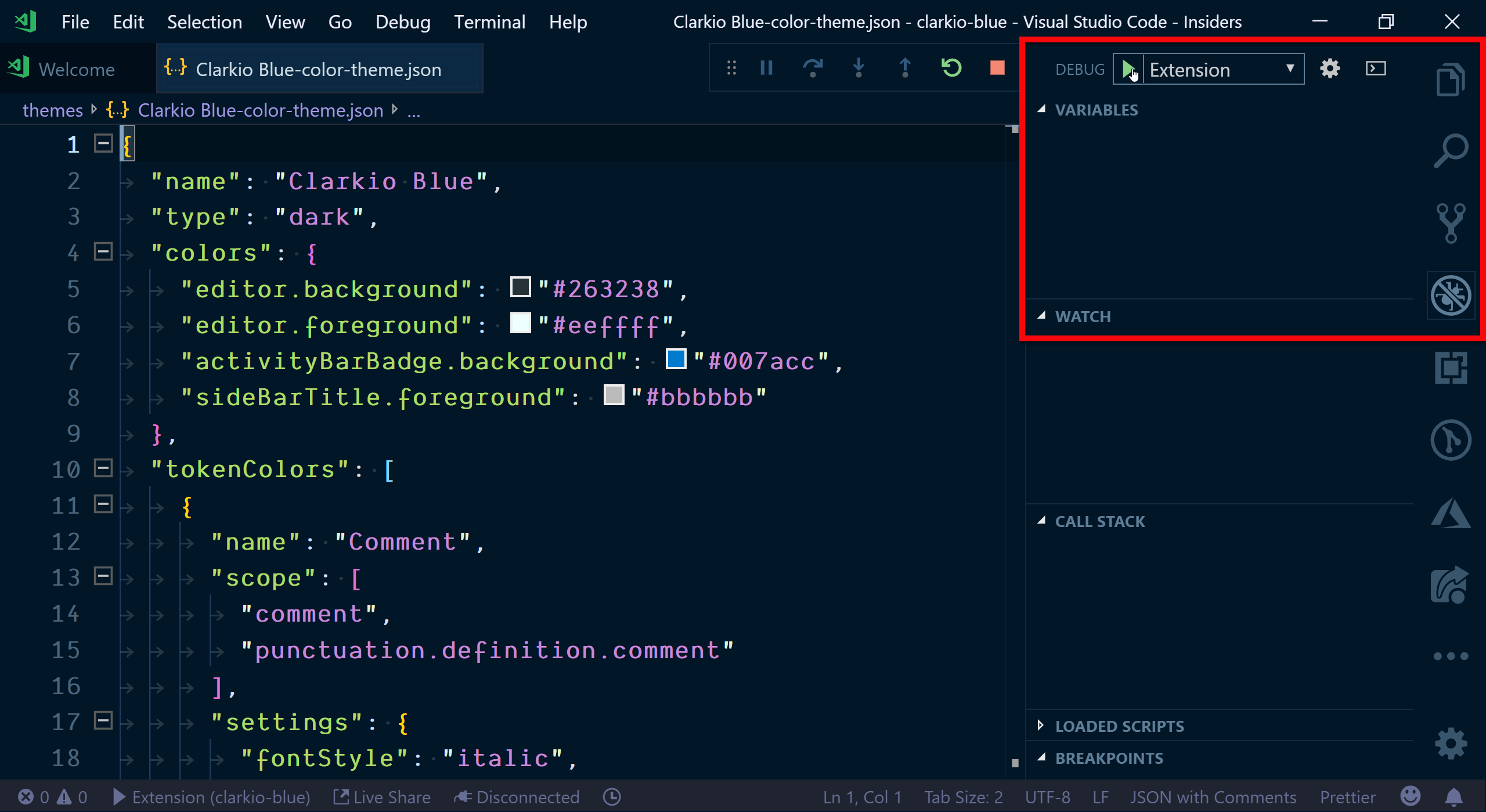 VS Code with the current color theme .json file open