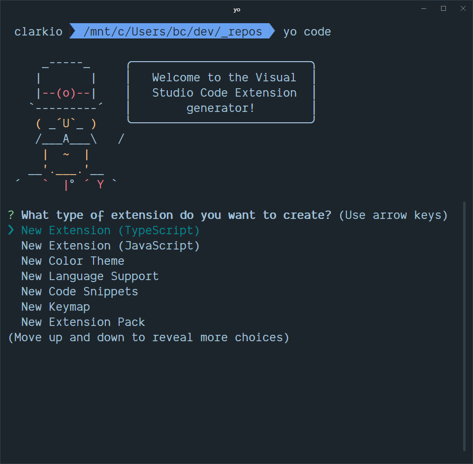 Terminal/command line prompt using the Yeoman generator for VS Code and selecting 'New Extension (TypeScript)'