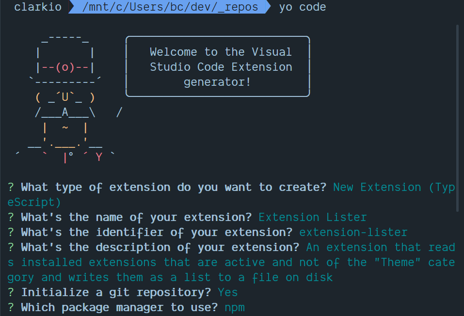Filling in options for creating a new VS Code extension with the Yeoman generator
